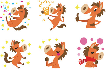 手描きのゆるい馬キャラクター　午年　年末年始セット　(パーティー、新年会、初詣)