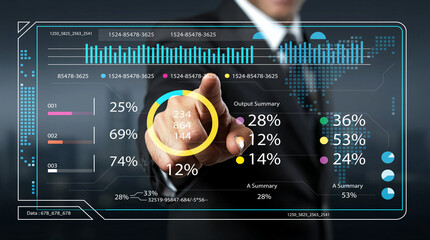Businessman Interacting with Digital Statistics Dashboard While Analyzing Data Trends and Performance Metrics in Modern Office Environment