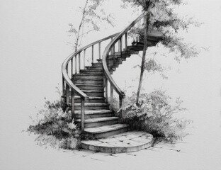 Elegant spiral staircase illustration with botanical surroundings in monochromatic style