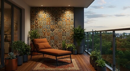 Modern outdoor space featuring chaise lounge, earthy decor, wooden floor, and lush backdrop