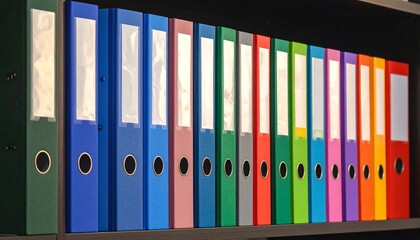 Organized shelf of colorful ring binders—lever arch files in blue, orange, yellow, green, and purple, each with circular spine hole for easy access, neatly aligned, evoking office efficiency, academic