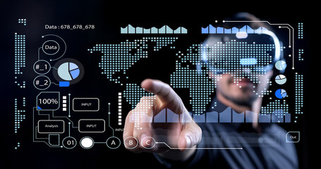Innovative Data Analysis in Virtual Reality with Modern Technology Displaying Interactive Visuals and World Map Interface