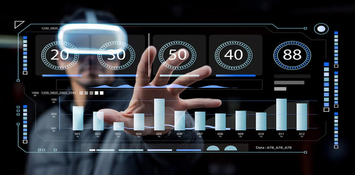 Futuristic technology interface with person using augmented reality glasses and interacting with digital graphs and data visualizations in a modern setting