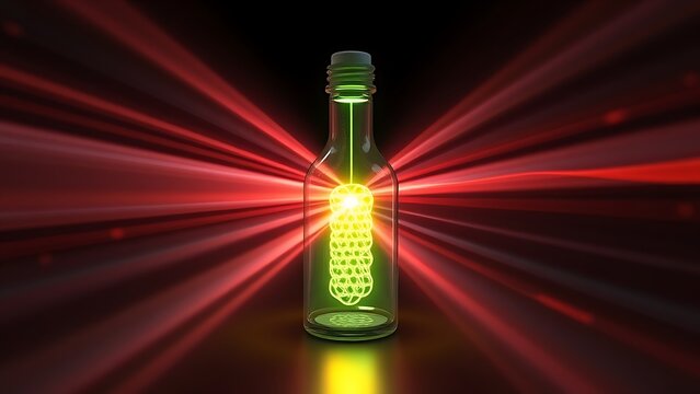 Klein bottle battery emitting self-recharging light beams, showcasing paradoxical energy loops.