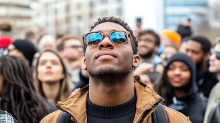 Obraz premium A man with sunglasses on his face is looking up at the sky. The scene is crowded with people, some of whom are wearing backpacks. Scene is lively and energetic