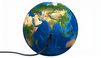 Fototapeta premium Digital illustration of Earth with Ethernet cable passing through—realistic globe texture showing Africa and Europe, cable entering from left and exiting right, symbolizing global connectivity, intern