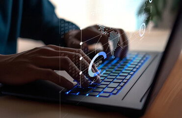 Close-up of Hands Typing on Modern Laptop with Overlay of Data Visualization and Network...