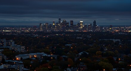 Nighttime New York City skyline with glowing skyscrapers and autumn trees in foreground