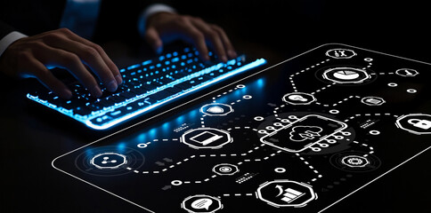 Hands typing on futuristic glowing keyboard with digital interface showing data connections and cloud technology in a dark environment