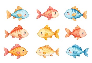 Fototapeta premium Charming collection of nine adorable cartoon fish in vibrant blue, orange, and yellow hues, perfect for children's illustrations and educational materials.