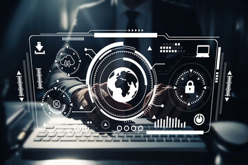 Futuristic Digital Interface Displaying Global Data Analytics and Security Features over a Computer Keyboard in a Modern Business Environment