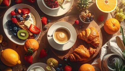 Overhead View of Morning Breakfast Foods Still Life Flat Lay with Croissants Coffee Berries Kiwi Oranges Lemons and Muesli on a Wood Background