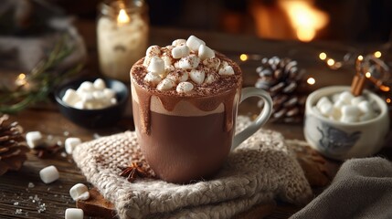 Hot chocolate with whipped cream and marshmallows, cozy winter setting