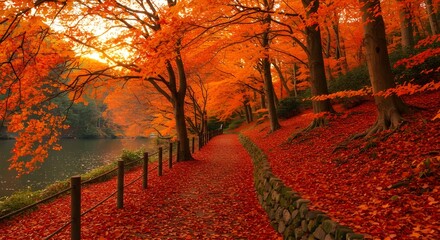 Picturesque fall scene featuring colorful leaves, calm river, and warm sunset reflections