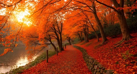 Serene autumn riverbank with vibrant foliage, golden sunlight, and peaceful tree-lined path
