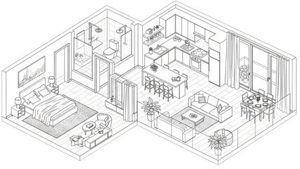 Isometric Apartment Layout in Black and White Line Art – Modern Floor Plan with Bedroom, Living Room, Kitchen, Bathroom, Balcony