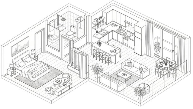 Isometric Apartment Layout in Black and White Line Art &ndash; Modern Floor Plan with Bedroom, Living Room, Kitchen, Bathroom, Balcony