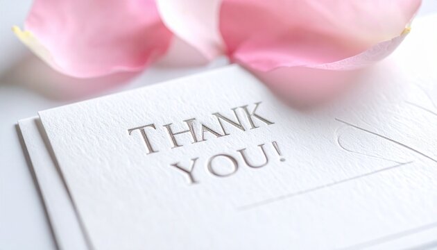 Embossed white “THANK YOU!” card with soft pink rose petals—close-up on textured surface, refined layout and delicate floral touch, evoking heartfelt appreciation, romantic elegance, and graceful sent
