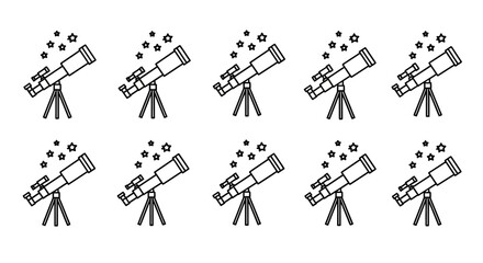 Ten black and white line art icons of a telescope on a tripod with stars, representing astronomy and stargazing.