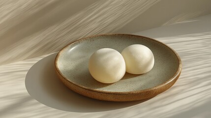 Minimalist Japanese mochi ice cream on a ceramic plate, neutral background, soft shadows