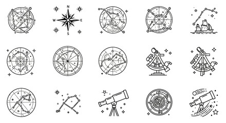 A collection of line art icons representing astronomical themes, including constellations, telescopes, and compass roses, suitable for educational or decorative purposes.