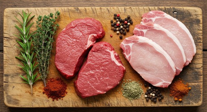 Fresh raw beef steaks and pork chops artfully arranged with vibrant herbs and spices on a rustic wooden cutting board, ready for culinary creation.