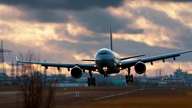 Vertical video of a large airplane touching down on a runway with its landing gear extended, lights lining the airstrip. The background features a soft skyline with no people present