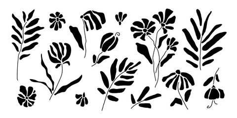 Flowers and Branches in folk style. Botanical design. Botanical doodle set. Hygge naive illustrations kit. Collection of classic ethnic natural motifs. Abstract flowers and branches. Abstract plants. 