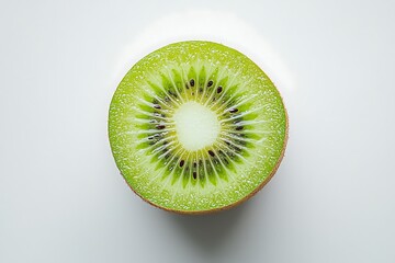 Close up view of a vibrant green kiwi fruit slice showing internal structure with seeds