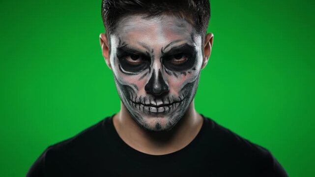 Man with skull face paint against green background for Halloween