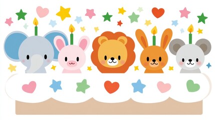 Naklejka premium Cute Animal-Shaped Birthday Cake with Candles and Colorful Stars