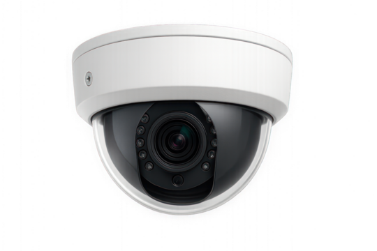 Security camera mounted on ceiling for surveillance in modern building setting