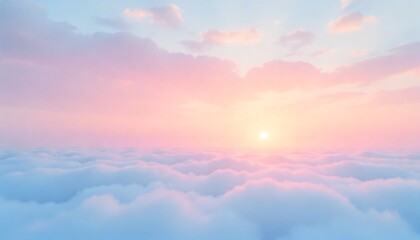 Dreamy pastel sunrise over fluffy clouds with soft pink and blue hues, inspiring peace and tranquility