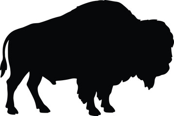 Black Silhouette of American Bison in Profile View with Distinct Hump and Shaggy Fur for Wildlife DesignBlack Silhouette of American Bison in Profile View with Distinct Hump 