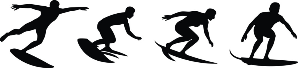 Black silhouette vector of surfers performing dynamic poses on surfboards for ocean sport, beach lifestyleBlack silhouette vector of surfers performing dynamic poses on surfboards for ocean sport