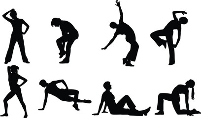 Set of Eight Black Silhouettes of People Performing Stretching and Exercise Poses for Fitness and Wellness Vector DesignSet of Eight Black Silhouettes of People Performing Stretching and Exercise 