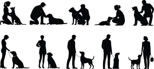 Set of Ten Black Silhouettes Showing People Interacting with Dogs in Various Poses for Pet Care Vector DesignSet of Ten Black Silhouettes Showing People Interacting with Dogs 