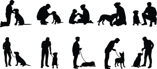 Silhouette illustrations of people training, walking, and bonding with dogs in various pet care and interaction posesSilhouette illustrations of people training, walking, and bonding 