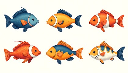 Fototapeta premium Playful cartoon fish collection swimming in a vibrant underwater world, perfect for children's illustrations and aquatic designs