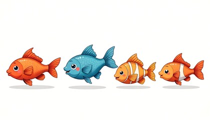 Cheerful cartoon fish swimming together with bright colors, perfect for children's books, playful designs, and aquatic themes