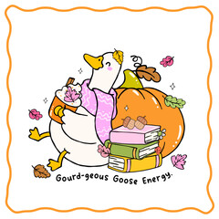 Autumn Silly Goose with Pumpkin Spice Whipped Cream Cartoon Hand Drawn