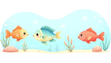 Fototapeta premium Adorable cartoon fish swimming together in vibrant underwater scene with playful expressions, perfect for children's designs