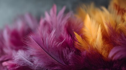 Obraz premium Close up view of soft colorful feathers transitioning from deep purple to vibrant orange creating an abstract background with shallow depth of field