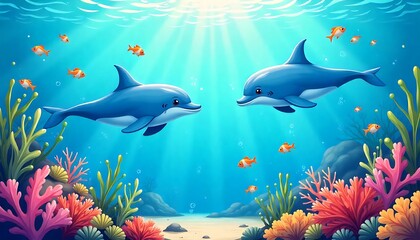 Fototapeta premium Two playful dolphins swim gracefully with vibrant fish amidst colorful coral reefs in a stunning underwater scene