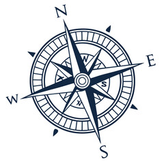 A classic navy blue vintage compass rose design with cardinal directions north east south west clearly marked on a white background
