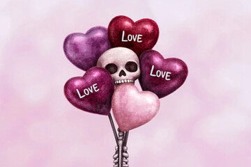 A watercolor artwork depicting a skeleton in love with hearts containing messages like Bear Love and Hugs. Romantic bony figure art tender emotion message of affection embrace