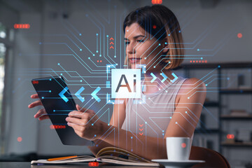 Woman using tablet with AI tech concept interface and futuristic data network elements in a modern office background setting.