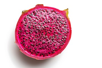 Vibrant red dragon fruit half with black seeds on a white background studio shot