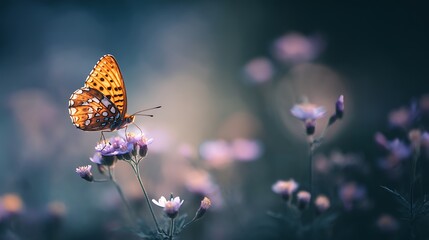 A Vibrant Butterfly Resting Gently on a Delicate Purple Flower, Captured in Stunning Detail, with Soft Bokeh Background.
