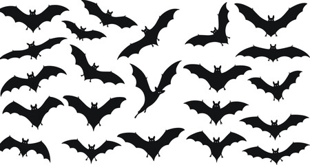 Flying bat silhouettes collection, Halloween bats vector illustration, spooky night creatures design, black bat icons set for decoration, artwork
